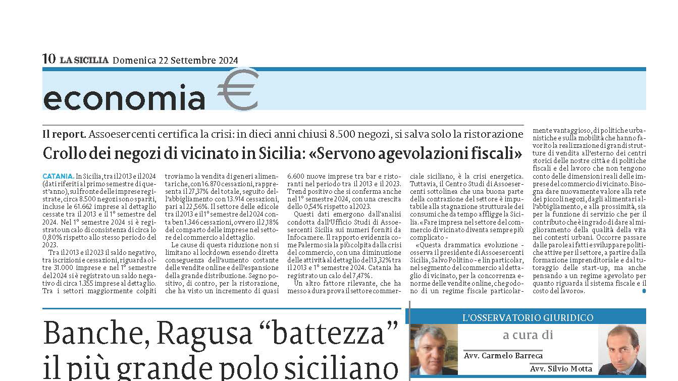 La Sicilia 22 Settembre 2024 | Il Report di Assoesercenti certifica la crisi: in dieci anni chiusi 8.500 negozi, si salva solo la ristorazione