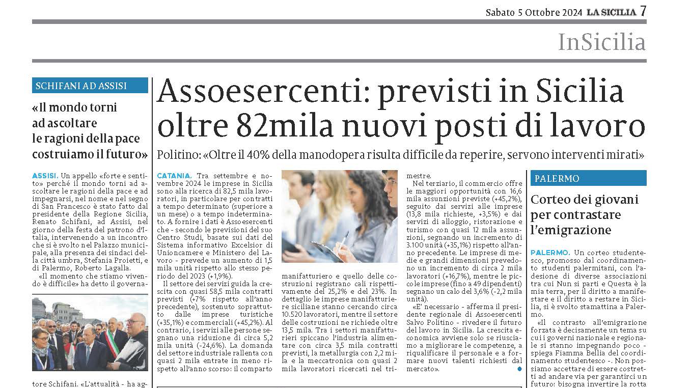 Rassegna Stampa| Assoesercenti: previsti in Sicilia oltre 82mila nuovi posti di lavoro