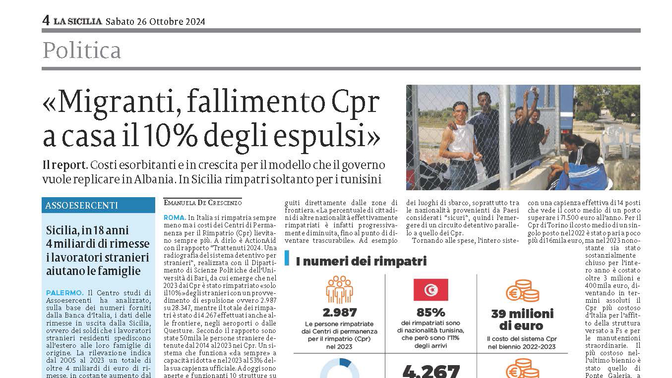 La Sicilia 28 Ottobre 2024 | Assoesercenti: Sicilia, in 18 anni 4 milardi di rimesse: i lavoratori stranieri aiutano le famiglie